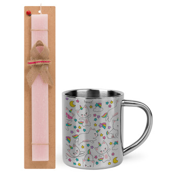 Cats unicorns, Easter Set, metallic thermal cup (300ml) & aromatic flat Easter candle (30cm) (PINK)