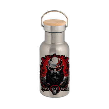 God of war, Μεταλλικό παγούρι θερμός (Stainless steel) Ασημένιο με ξύλινο καπακι (bamboo), διπλού τοιχώματος, 350ml