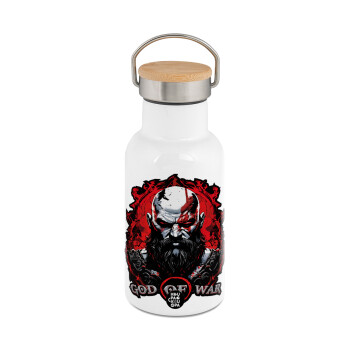 God of war, Metallic thermos (Stainless steel) White with wooden lid (bamboo), double-walled, 350ml