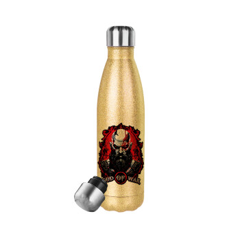 God of war, Μεταλλικό παγούρι θερμός Glitter χρυσό (Stainless steel), διπλού τοιχώματος, 500ml