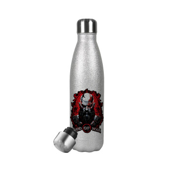 God of war, Μεταλλικό παγούρι θερμός Glitter Aσημένιο (Stainless steel), διπλού τοιχώματος, 500ml