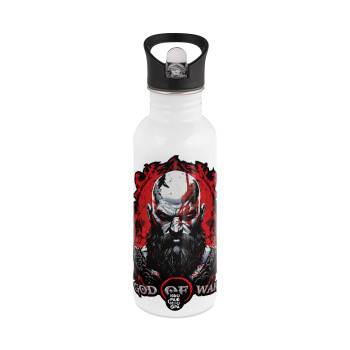 God of war, White water bottle with straw, stainless steel 600ml