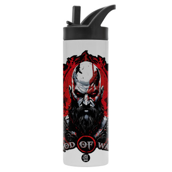 God of war, Metallic thermos bottle with straw & handle, stainless steel (Stainless steel 304), double-walled, 600ml.