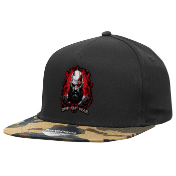 God of war, Adult Flat Snapback Hat Black/Camouflage, (100% COTTON TWILL, ADULT, UNISEX, ONE SIZE)