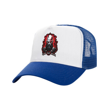 God of war, Adult Structured Trucker Hat, with Mesh, WHITE/BLUE (100% COTTON, ADULT, UNISEX, ONE SIZE)