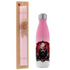 Easter Set, Metallic pink/white (Stainless steel) thermos, double-walled, 500ml & aromatic flat Easter candle (30cm) (PINK)