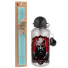 Easter Set, metallic silver aluminum water bottle (500ml) & scented flat Easter candle (30cm) (TURQUOISE)