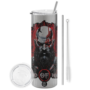 God of war, Eco friendly ποτήρι θερμό Ασημένιο (tumbler) από ανοξείδωτο ατσάλι 600ml, με μεταλλικό καλαμάκι & βούρτσα καθαρισμού