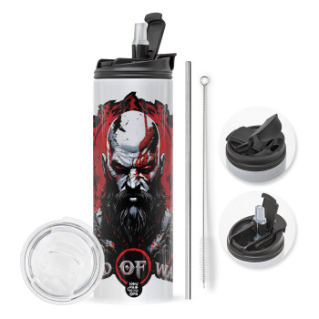 God of war, Travel Tumbler θερμό με διπλό καπάκι, μεταλλικό καλαμάκι και βούρτσα καθαρισμού (Ανωξείδωτο 304 Food grade, BPA free, 600ml)