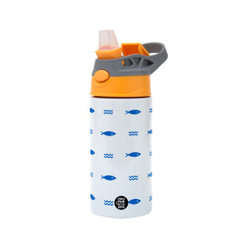 Fishing, Children's hot water bottle, stainless steel, with safety straw, Orange/Grey (360ml) BPA-FREE