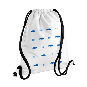 Fishing, Τσάντα πλάτης πουγκί GYMBAG λευκή, με τσέπη (40x48cm) & χονδρά κορδόνια