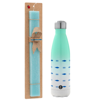 Fishing, Easter Set, Metallic green/white thermos (Stainless steel), double-walled, 500ml & scented flat Easter candle (30cm) (TURQUOISE)