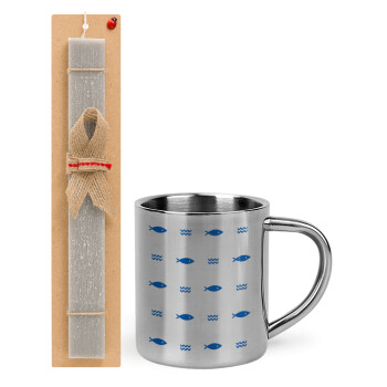 Fishing, Easter Set, metallic thermal cup (300ml) & Easter aromatic flat candle (30cm) (GRAY)