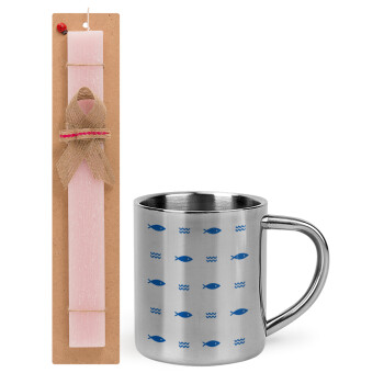 Fishing, Easter Set, metallic thermal cup (300ml) & aromatic flat Easter candle (30cm) (PINK)