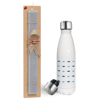 Fishing, Easter candle, metallic white thermos bottle (500ml) & aromatic flat candle (30cm) (GRAY)