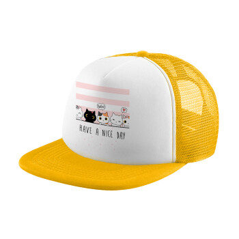 Have a nice day cats, Adult Soft Trucker Hat with Yellow/White Mesh (POLYESTER, ADULT, UNISEX, ONE SIZE)