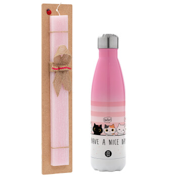 Have a nice day cats, Easter Set, Metallic pink/white (Stainless steel) thermos, double-walled, 500ml & aromatic flat Easter candle (30cm) (PINK)