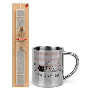 Have a nice day cats, Easter Set, metallic thermal cup (300ml) & Easter aromatic flat candle (30cm) (GRAY)