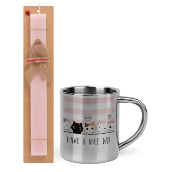 Have a nice day cats, Easter Set, metallic thermal cup (300ml) & aromatic flat Easter candle (30cm) (PINK)