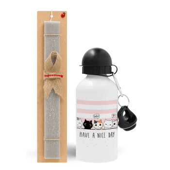 Have a nice day cats, Easter Set, metallic aluminum water bottle (500ml) & aromatic flat Easter candle (30cm) (GRAY)