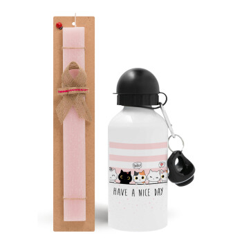 Have a nice day cats, Easter Set, metallic aluminum bottle (500ml) & aromatic flat Easter candle (30cm) (PINK)