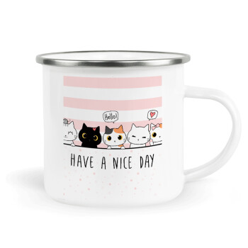 Have a nice day cats, Metallic enamel cup white 360ml