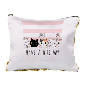 Have a nice day cats, Sequin Gold Pouch Cosmetic Bag