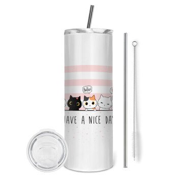 Have a nice day cats, Eco friendly ποτήρι θερμό (tumbler) από ανοξείδωτο ατσάλι 600ml, με μεταλλικό καλαμάκι & βούρτσα καθαρισμού