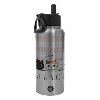 Have a nice day cats, Metal mug thermo Silver with Straw and Spout Lid (Stainless steel), double wall, 950ml