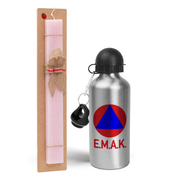 E.M.A.K., Easter Set, metallic Silver aluminum water bottle (500ml) & scented flat Easter candle (30cm) (PINK)