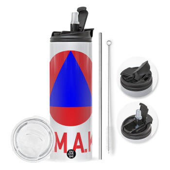 E.M.A.K., Travel Tumbler 2 Lids, with metal straw & cleaning brush (Stainless steel 304 Food grade, BPA free, 600ml)