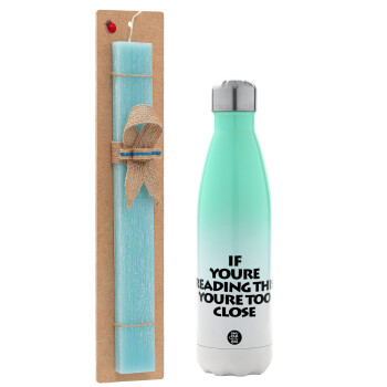 IF YOURE READING THIS YOURE TOO CLOSE, Easter Set, Metallic green/white thermos (Stainless steel), double-walled, 500ml & scented flat Easter candle (30cm) (TURQUOISE)