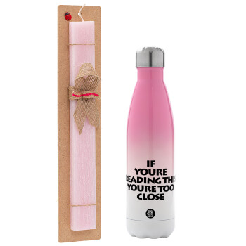 IF YOURE READING THIS YOURE TOO CLOSE, Easter Set, Metallic pink/white (Stainless steel) thermos, double-walled, 500ml & aromatic flat Easter candle (30cm) (PINK)