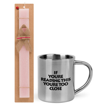 IF YOURE READING THIS YOURE TOO CLOSE, Easter Set, metallic thermal cup (300ml) & aromatic flat Easter candle (30cm) (PINK)