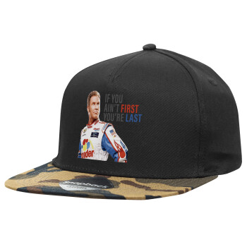 If You Ain't First You're Last Ricky Bobby, Talladega Nights, Adult Flat Snapback Hat Black/Camouflage, (100% COTTON TWILL, ADULT, UNISEX, ONE SIZE)