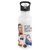 White water bottle with straw, stainless steel 600ml