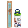 Easter Set, Children's thermal stainless steel bottle with safety straw, green/blue (350ml) & aromatic flat Easter candle (30cm) (TURQUOISE)