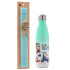 Easter Set, Metallic green/white thermos (Stainless steel), double-walled, 500ml & scented flat Easter candle (30cm) (TURQUOISE)