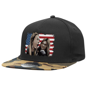 If She Don't Hawk I Don't Wanna Talk Tuah, Adult Flat Snapback Hat Black/Camouflage, (100% COTTON TWILL, ADULT, UNISEX, ONE SIZE)