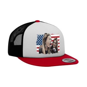 If She Don't Hawk I Don't Wanna Talk Tuah, Adult Foam Flat Snapback with Mesh Red-White-Black (POLYESTER, ADULT, UNISEX, ONE SIZE)