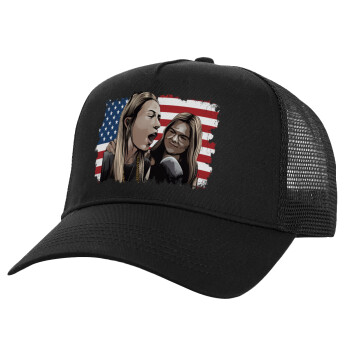 If She Don't Hawk I Don't Wanna Talk Tuah, Structured Trucker Adult Hat, with Mesh, Black (100% COTTON, ADULT, UNISEX, ONE SIZE)