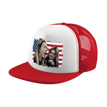 If She Don't Hawk I Don't Wanna Talk Tuah, Adult Soft Trucker Hat with Red/White Mesh (POLYESTER, ADULT, UNISEX, ONE SIZE)