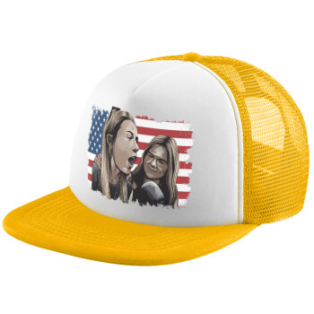 If She Don't Hawk I Don't Wanna Talk Tuah, Adult Soft Trucker Hat with Yellow/White Mesh (POLYESTER, ADULT, UNISEX, ONE SIZE)