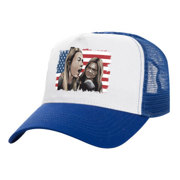 If She Don't Hawk I Don't Wanna Talk Tuah, Adult Structured Trucker Hat, with Mesh, WHITE/BLUE (100% COTTON, ADULT, UNISEX, ONE SIZE)