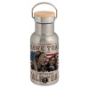 Stainless steel metallic thermos flask, silver with a bamboo lid, double-walled, 350ml.