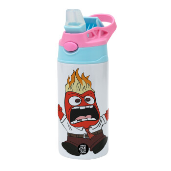 Inside Out Angry, Children's hot water bottle, stainless steel, with safety straw, Pink/BlueCiel (360ml) BPA FREE