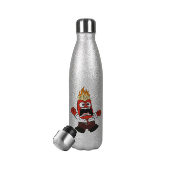 Inside Out Angry, Metallic Glitter Silver Thermos Flask (Stainless steel), double-walled, 500ml