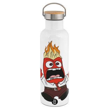 Inside Out Angry, Stainless steel White with wooden lid (bamboo), double wall, 750ml