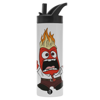 Inside Out Angry, Metallic thermos bottle with straw & handle, stainless steel (Stainless steel 304), double-walled, 600ml.