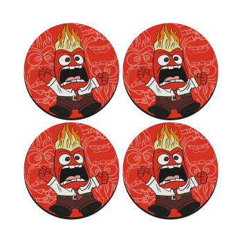 Inside Out Angry, SET of 4 round wooden coasters (9cm)